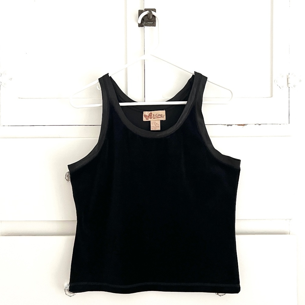 Trilogy Black Velvet Tank Top Y2K Fitted Scoop Neck Size M